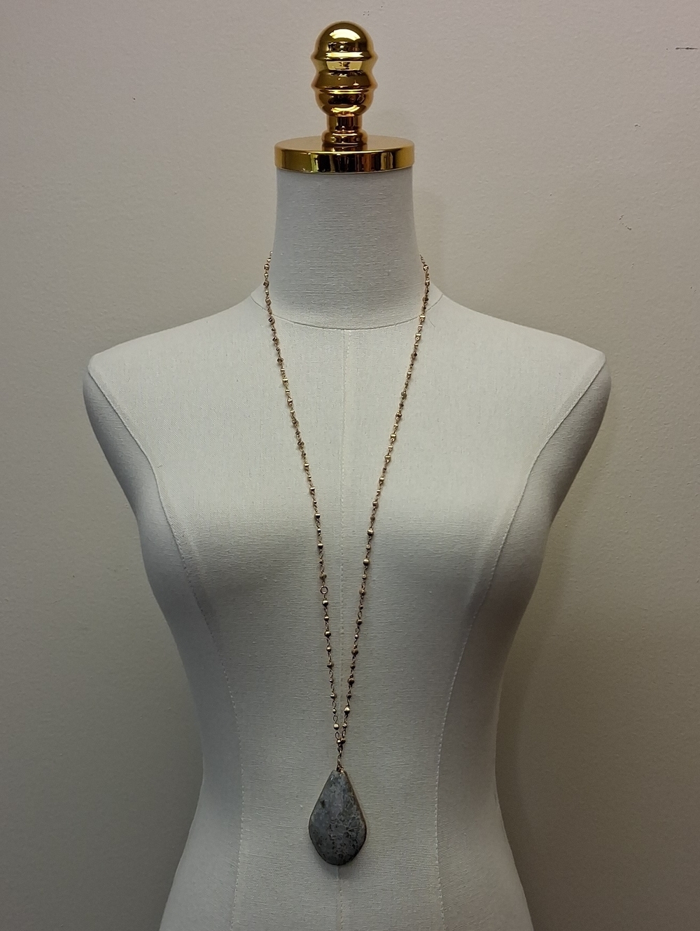 Gray Stone Teardrop Pendant Necklace Gold Tone Beaded Chain